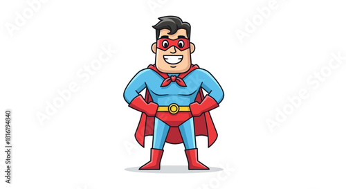 Cartoon superhero character standing confidently, ready for adventure with a determined expression