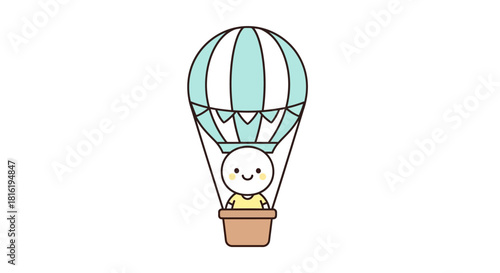 Cheerful cartoon character soaring high in a blue striped hot air balloon adventure ride