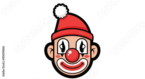 Illustrated clown character with red nose and santa hat for festive cheer and whimsical designs