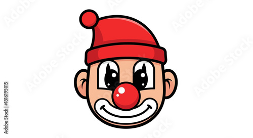 Cartoon illustration of a cheerful clown face with a red nose and santa hat