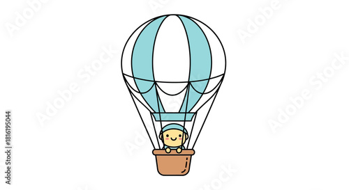 Cute cartoon hot air balloon with a smiling character in the basket on the white background