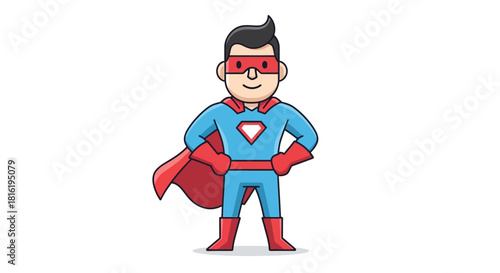 Cartoon Superhero Character Standing Confidently in Blue Suit and Red Mask and Cape