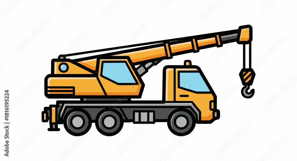 Obraz premium Cartoon crane truck icon, flat vector style, bold outline