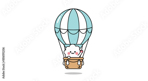 Whimsical Illustration of a Cloud Character Riding in a Turquoise Hot Air Balloon