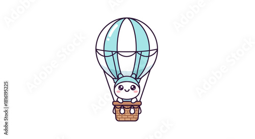 Adorable kawaii character piloting a vibrant pastel air balloon into fluffy clouds