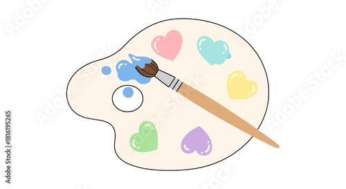 Artistic palette adorned with pastel heart shapes and a paintbrush, ready to paint with love and