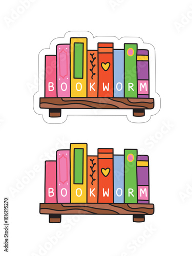 Bookshelf. Colorful sticker, cute illustration of books. Bookworm. Book spine.