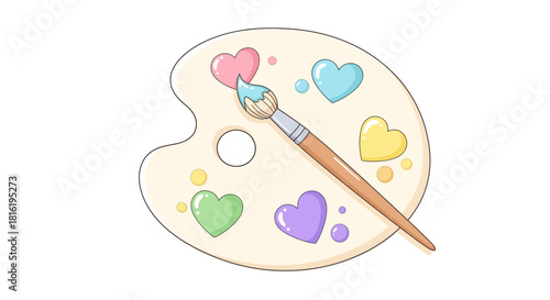 Palette of artistic hearts with paint and brush for creative expression and design, a delightful