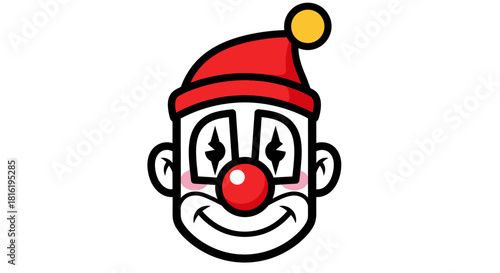 Whimsical clown face with bright colors and a simple charming expression design style