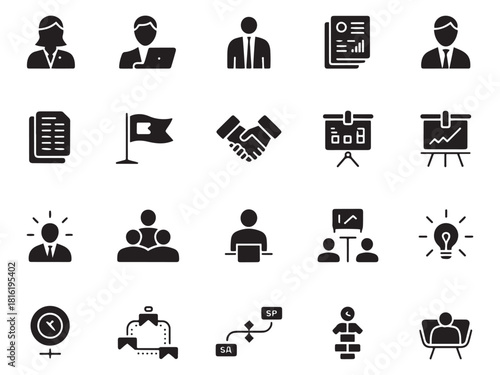 Collection of business and technology glyph style icons for digital projects and presentations