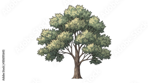 Illustration of a single large green deciduous tree isolated on a white background