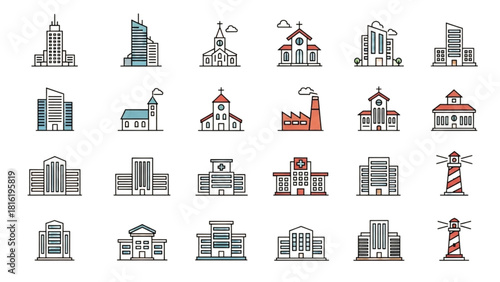 Diverse Cityscape and Landmark Building Concept Icons Set - Modern Architectural Structures Vector Collection