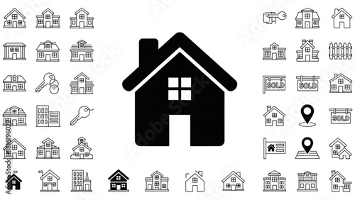 Comprehensive Vector Icon Set Featuring Various Residential Houses and Real Estate Symbols