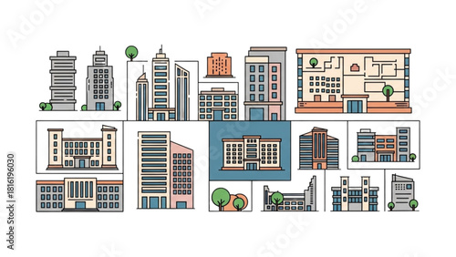 Diverse Urban Architecture Collection Modern and Classic Building Vector Illustrations for City Development