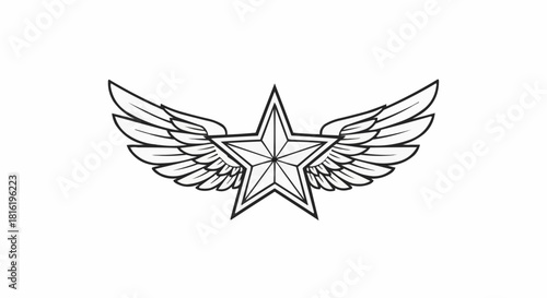 Winged Star Outline Drawing Black and White.