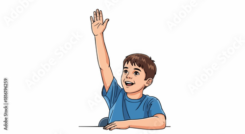 Young boy raising hand in classroom eager to answer question.