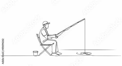 A single continuous line drawing of a man fishing patiently.