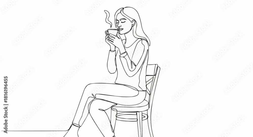 Fototapeta premium Woman enjoying a warm beverage while seated in a chair, relaxing.