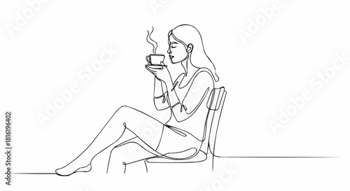 Continuous line drawing of a woman sitting on a chair enjoying a hot drink.