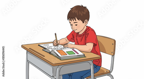 Boy diligently completing schoolwork at his desk, focused on learning.