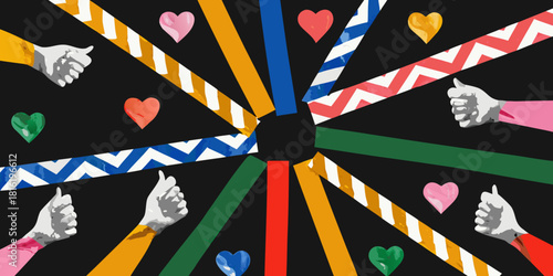 Colorful thumbs up and hearts radiating from a central point on black