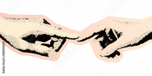Stylized illustration of two hands touching index fingers on white background