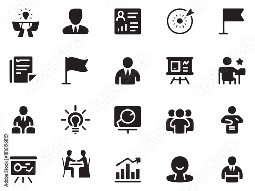 Collection of business and strategy glyph style icons for professional use and presentations