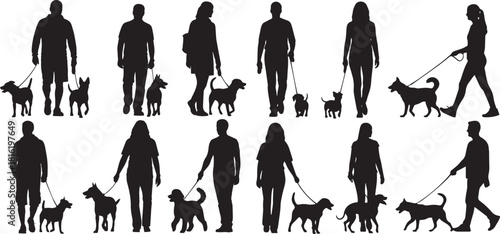 Dog walking silhouettes set, vector collection of men and women with pets, isolated black figures on white background