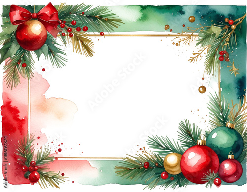 Christmas-themed rectangular border invitation card, watercolor painting with transparent background, Holiday color palette with red, green and gold
