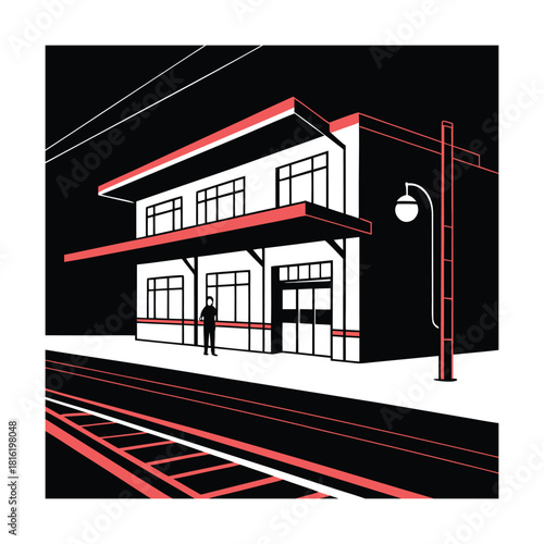 Illustration of a train station at night with a lone figure, showcasing a minimalist design with red and black color scheme, creating a sense of solitude