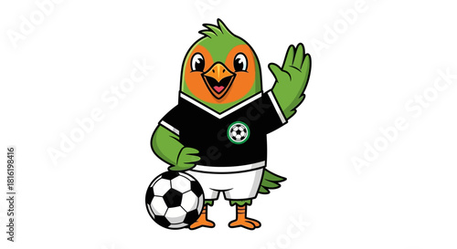 A cheerful bird mascot wearing a soccer uniform, with a soccer ball design for sport and