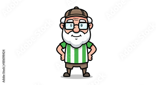 Cartoon illustration of elderly man with striped shirt and cap against white backdrop