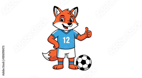 Cartoon fox character wearing a soccer jersey giving a thumbs up with a soccer ball