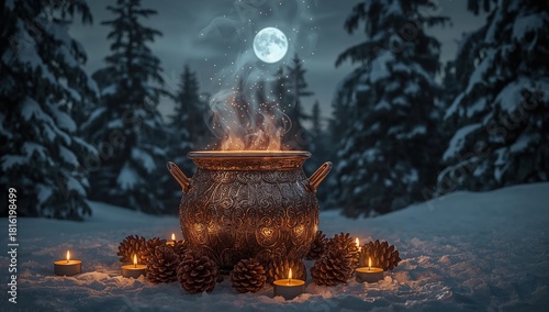Mystical cauldron in winter forest under full moon with candles, pinecones, and rising steam in snowy night scene
