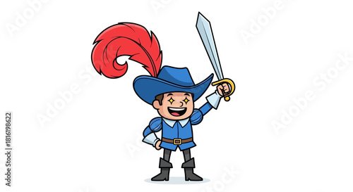 Cartoon swashbuckler character illustration, wearing feathered hat and holding sword in a