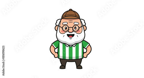 Cheerful elderly cartoon character with glasses and cap stands confidently with stripes