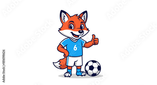 Fox mascot character in soccer uniform, giving a thumbs up near the soccer ball