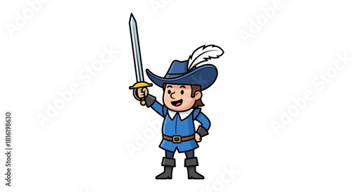 Cartoon rendition of a swashbuckler character wielding a sword with triumphant flair