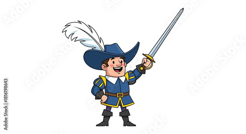 Enthusiastic cartoon musketeer with sword raised in playful pose ready for adventure