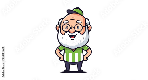 Cheerful senior cartoon character with a friendly smile and a green cap illustration