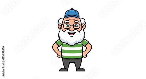 Cartoon grandfather character standing with confident stance and cheerful expression in vibrant