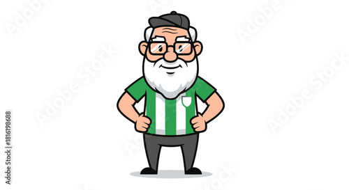 Cartoon character illustration of a senior man with beard and glasses in sportswear outfit with
