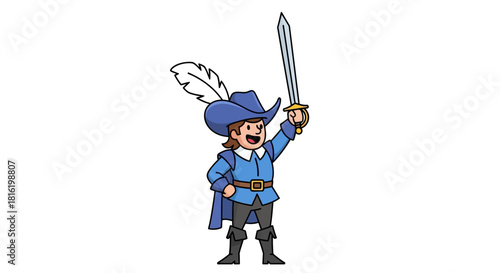 Cartoon brave musketeer raises his sword high in a celebratory gesture victoriously