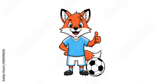 Illustration of a cheerful cartoon fox mascot dressed as soccer player giving thumbs up gesture