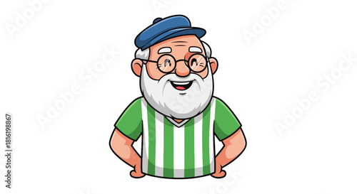 Friendly elderly man with white beard and glasses wearing a green striped shirt