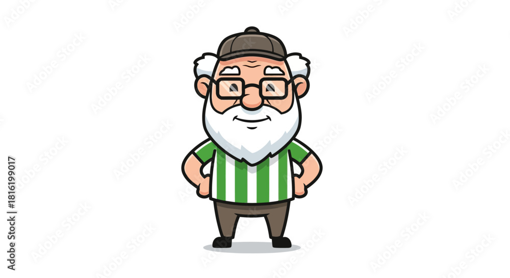 Obraz premium Cartoon Illustration of a Cheerful Senior Man with Striped Shirt and Baseball Cap