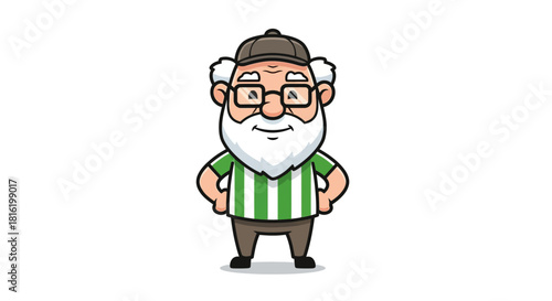 Cartoon Illustration of a Cheerful Senior Man with Striped Shirt and Baseball Cap