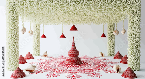 Festive red & white Indian wedding setup features flowers, shells and mandala. Perfect for event decor, branding, or social media posts.