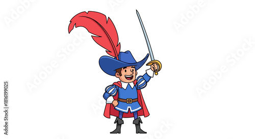 Cartoon gallant swordsman with plumed hat wielding a saber standing victoriously