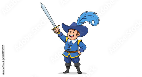 Enthusiastic cartoon musketeer raises his sword in a display of bravery and adventure on a white